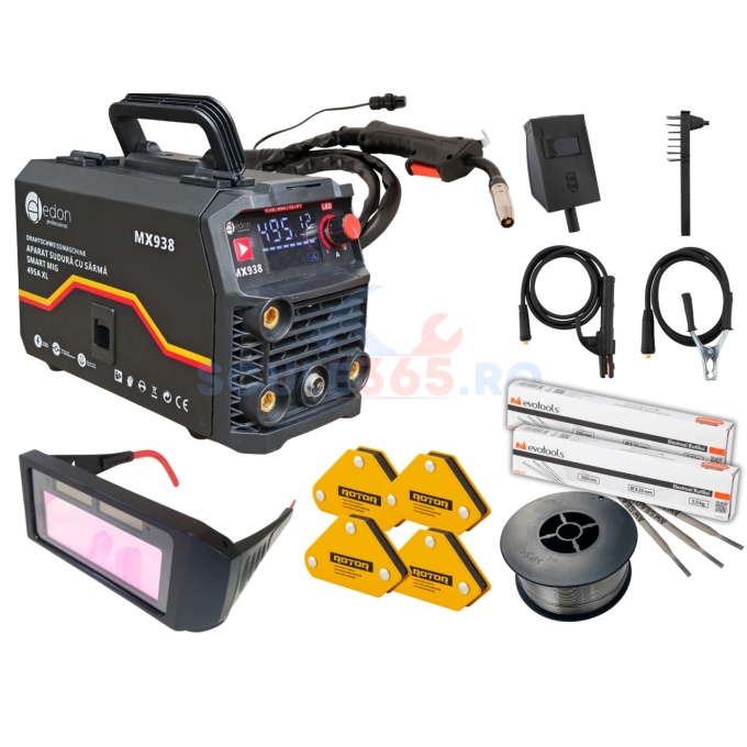 495A *PACHET* Aparat de sudura cu sarma tip invertor 495A, MMA/MIG/FCAW/TIG, + Ochelari automati + Sarma sudura flux + x2 pachete elctrozi + x4 suport magnetic sudura EDON MX938, profesional
