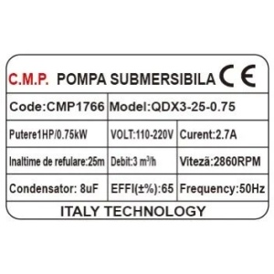 Pompa submersibila apa curata CMP1766 QDX3-25-0.75, 0.75kW, 1HP, debit 3 mc/h, inaltime refulare 25m, 2860RPM, 110-220V, fara plutitor - Img 3