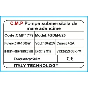 Pompa Submersibila de Mare Adancime Multietajata Campion Aqua Tech 4SDM3/20 CMP1779, 20 Turbine, 1.5 kW, Debit 12 m³/h (12.000 l/h), Inaltime Refulare 250 m, Diametru 4" / 100 mm, Cablu 30 m, Carcasa Inox, Bobinaj Cupru - Img 2