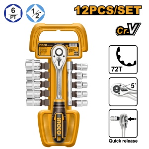 Set Chei Tubulare Clichet 1/2” 12 Piese INGCO HKTS12122 – Echipament Profesional pentru Mecanici si Ateliere - Img 1