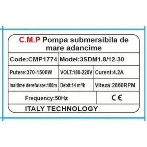 Pompa submersibila de mare adancime CMP1774 3SDM1.8/12-30, 1500W, 4.2A, debit 14 m³/h, inaltime refulare 160m, 14 turbine, cablu 30m, 2860RPM, 180-220V - Img 2