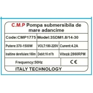 Pompa submersibila de mare adancime CMP1775 3SDM1.8/14-30, 1500W, 4.2A, debit 16 m³/h, inaltime refulare 160m, 16 turbine, cablu 30m, 2860RPM, 180-220V - Img 3