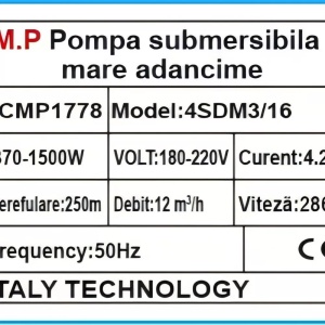 Pompa Submersibila de Mare Adancime Multietajata 4SDM3/16 CMP1778, 16 Turbine, Debit 12 m³/h (12.000 l/h), Inaltime Refulare 250 m, Alimentare 220 V, Diametru 4", Cablu 30 m, Carcasa Inox, Pentru Apa Curata - Img 3