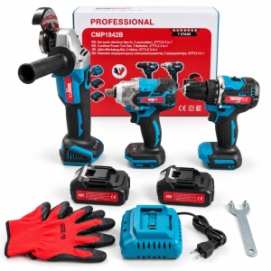 Set 3 scule cu 2 acumulatori 48v, Flex Polizor Unghiular, Cheie impact, Masina de gaurit si insurubat Bormasina, manusi cadou Campion PROFESSIONAL CMP1842B