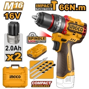 Bormasina cu Impact 16V 66Nm Brushless 2 Viteze 0-500/0-2000 rpm Mandrina Metalica 13mm 30000 bpm 22+1+1 Trepte Cuplu CIDLI166062 cu 2 Acumulatori 2Ah si Incarcator