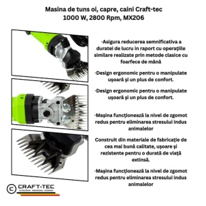 Masina de tuns oi 1000W, electrica, variator de turatie 6 trepte, 2800 rpm, valiza transport, CRAFT-TEC GERMANY MX206 - Img 3