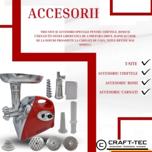 Masina electrica tocat carne Craft-Tec MX713, 3800W, 1.6 Kg/min, 3 site inox, functie Reverse, accesorii carnati, rosii, chiftele, 230V, 50Hz, clasa II, 30.5x25x25.3 cm, 3.3 kg, Rosie - Img 5