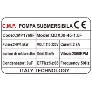 Pompa submersibila apa curata CMP1768F QDX30-45-1.5F, 1.5kW, 2HP, debit 30 mc/h, inaltime refulare 45m, iesire 2" / 1.5" / 1", 2860RPM, 110-220V, cu plutitor - Img 2