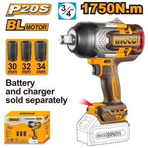 Filetanta cheie cu Impact 20V 3/4" 1750Nm Brushless, cu 3 Tubulare, fara acumulator INGCO CIWLI201751 - Img 2