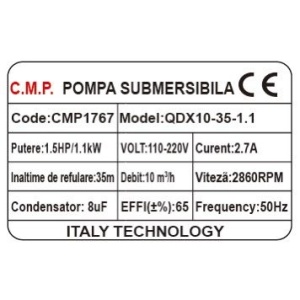 Pompa submersibila apa curata CMP1767 QDX10-35-1.1, 1.1kW, 1.5HP, debit 10 mc/h, inaltime refulare 35m, iesire 2" / 1.5" / 1", 2860RPM, 110-220V, fara plutitor - Img 2