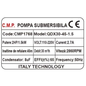 Pompa submersibila apa curata CMP1768 QDX30-45-1.5, 1.5kW, 2HP, debit 30 mc/h, inaltime refulare 45m, iesire 2" / 1.5" / 1", 2860RPM, 110-220V, fara plutitor - Img 2