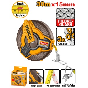 Ruleta cu banda de fibra 30m x 15mm, retragere rapida 3:1, scala metrica si inch, INGCO HFMT1830 - Img 2