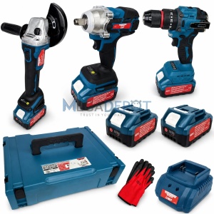 Set 3 scule cu 2 acumulatori 48v, Polizor Unghiular, Cheie impact, Masina de gaurit si insurubat Bormasina, manusi cadou Campion PROFESSIONAL CMP1849