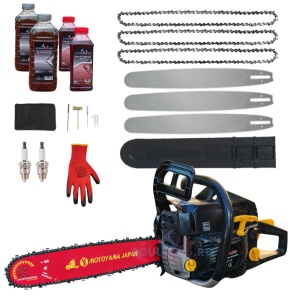 *MEGA Pachet* 8.5cp Drujba benzina + 3 lanturi + 3 lame + x2 ulei ungere lant 1L + x2 ulei amestec 0.5L + x2 bujii + accesorii + manusi protectie, MOTOYAMA JAPAN CMP1625 - Img 1