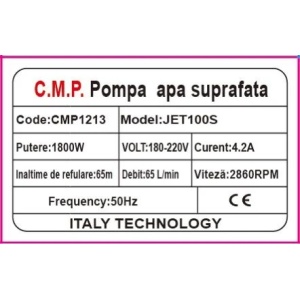 Pompa apa de suprafata 1800w JET, bobinaj cupru, 60m inaltime, 12m aspiratie, CAMPION PROFESSIONAL CMP1213 - Img 2