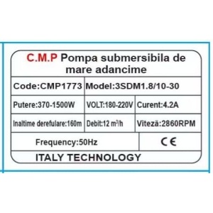 Pompa submersibila de mare adancime CMP1773 3SDM1.8/10-30, 1500W, 4.2A, debit 12 m³/h, inaltime refulare 160m, 12 turbine, cablu 30m, 2860RPM, 180-220V - Img 2