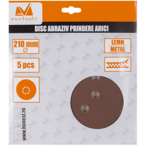 Set 5 discuri abrazive 210mm, prindere arici, granulatie 40, 8 gauri Ø10mm, Evotools 680619 - Img 2