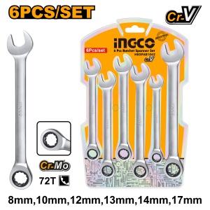 Trusa chei combinate cu clichet 6 buc, 8-17 mm, Cr-V, INGCO HKSPAR1062