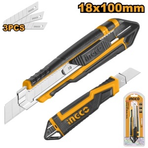 Cutter Plastic cu Maner Cauciuc, Lama 18 mm x 100 mm, 3 Lame SK5 Incluse, Lungime 169 mm, Buton Plat de Impingere HKNS16538