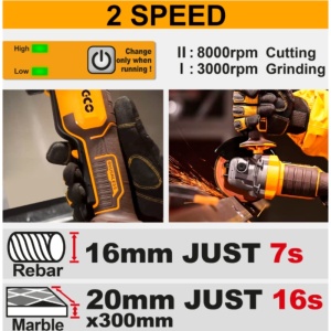 Flex unghiular INGCO CAGLI2111561E, 20V, Brushless, 115mm, 1000W, 3 trepte viteza, maner anti-vibratii, platforma P20S, 1 acumulator 4Ah, incarcator, 10 discuri si cutie transport - Img 3