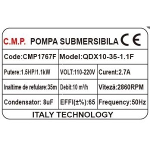Pompa submersibila apa curata-murdara CMP1767F QDX10-35-1.1F, 1.1kW, 1.5HP, debit 10 mc/h, inaltime refulare 35m, iesire 2" / 1.5" / 1", 2860RPM, 110-220V, cu plutitor - Img 2