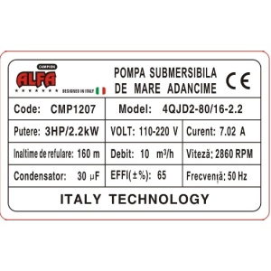 Pompa submersibila de mare adancime ALFA CMP1560, 4QJD2-80/16-2.2, 16 turbine, 2.2kW (3HP), 10.000 l/h, Hmax 160m, cablu 30m, diametru 100mm, racord 1-1.5", 110-220V, bobinaj cupru, inox – contine taxa EEE 35 RON - Img 4