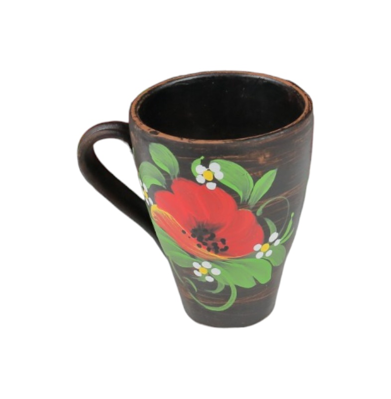Cană din ceramică maro, pictată manual cu maci, 220 ml – lucrată