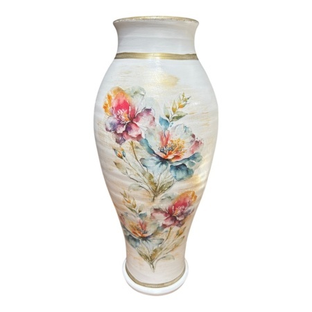 Vaza ceramica alba, mare, inalta, decorata manual, flori multicolore, detalii aurii, pentru flori, decor living, cadou elegant, 42 cm - Img 1
