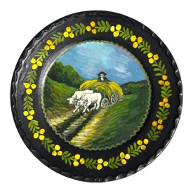 Farfurie decorativa ceramica de perete handmade pictata manual, car cu boi, 24 cm