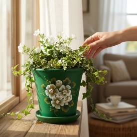 Ghiveci ceramic verde pictat manual cu flori albe si drenaj – ghiveci decorativ pentru plante interior exterior 15 cm - Img 3