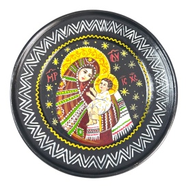 Icoana pictata manual, farfurie din ceramica neagra, de perete, sistem de prindere, pictata manual, reglioasa, 24 cm