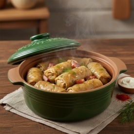 Oala de lut pentru sarmale 4L, smaltuita, ceramica verde cu capac, lucrata manual, gatit traditional la cuptor - Img 3