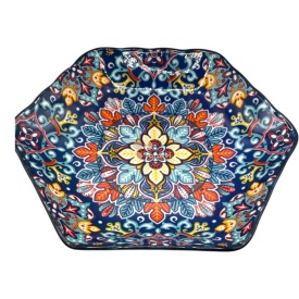 Platou din ceramica, albastru, forma hexagonala, pentru servire, aperitive, 20 cm