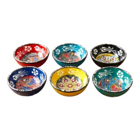 Set 6 boluri din ceramica, colorate, design oriental, pentru sosuri,alune,nuci,seminte, 8 cm
