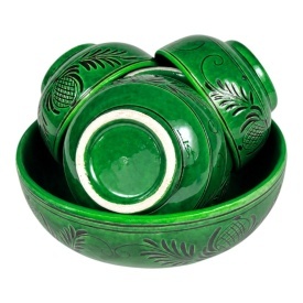 Set castroane/boluri pentru servirea mesei,ceramica, verde, 6x13cm, 1x 23cm, model traditional, lucrate manual