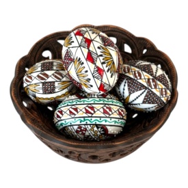 Set decorativ traditional cu bol ceramic perforat si 5 oua incondeiate Bucovina – handmade autentic - Img 3