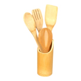 Set ustensile de bucatarie cu suport, 5 piese, bambus, 30 cm