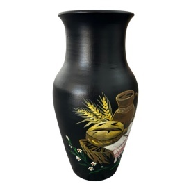 Ulcior ceramic negru, pictat manual, model traditional romanesc, paine, ulcior, spice de grau, stergar, handmade, decor rustic, cadou premium, 30 cm - Img 3