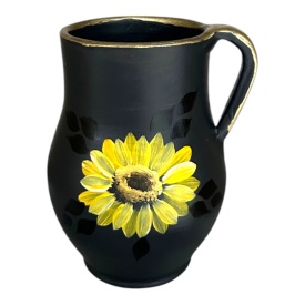 Ulcior decorativ negru cu floarea-soarelui pictata manual – Vaza eleganta din ceramica cu detalii aurii 17 cm