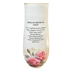 Vaza ceramica alba, cilindru, Binecuvantarea Casei, trandafiri roz, decorata manual, 42 cm