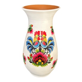 Vază ceramică cilindrică cu 2 cocoși și motive florale – 25 cm, obiect artizanal Bucovina, decor tradițional - Img 2