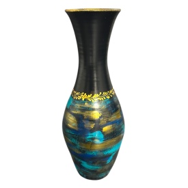 Vază ceramică înaltă, neagră, decorată manual cu auriu și turcoaz, 40 cm – Marginea, Bucovina