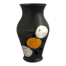Vaza ceramica neagra 30 cm decorata manual la Marginea cu foita de aur si bronz, frunze negre – design rafinat, piesa unica decorativa