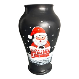 Vaza ceramica neagra pictata manual cu mos craciun care aduce cadourile, unicat, lucrata la Marginea, 20 cm – decor de Craciun