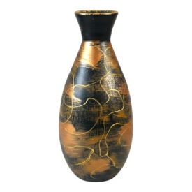 Vaza ceramica neagra pictata manual model abstract portocaliu si linii aurii – vaza decorativa premium 20 cm Marginea