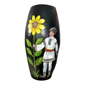 Vază ceramică pictată manual 30 cm – bărbat în haine tradiționale cu floarea-soarelui, Marginea