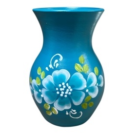 Vaza ceramica turcoaz, pictata manual, flori albastre, pentru flori, decor living, cadou handmade, 20 cm