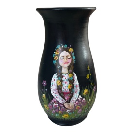 Vaza neagra din ceramica pictata manual 25 cm - decoratiune rustica unicat cu motive florale si portret