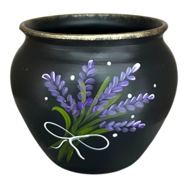 Bol ceramic negru pictat manual cu lavanda 14x14 cm – Masca de ghiveci,decoratiune eleganta