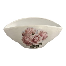 Bol decorativ ceramic alb decor cu buchet de trandafiri – vas ceramic pentru masa si interior 18x9 cm